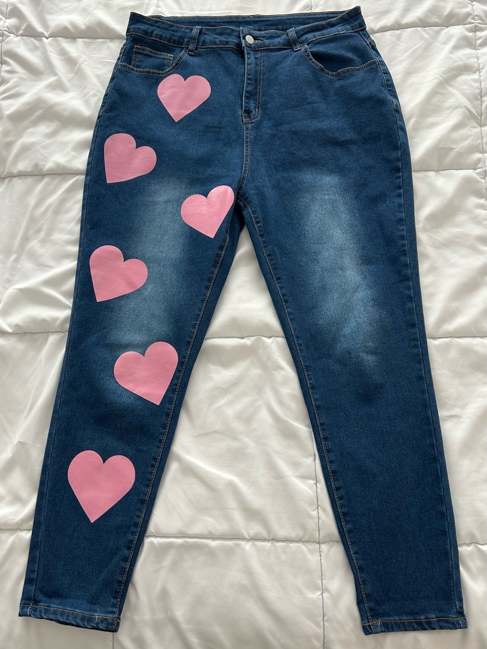 Dark Blue Skinny Jeans with Pink Heart Accents